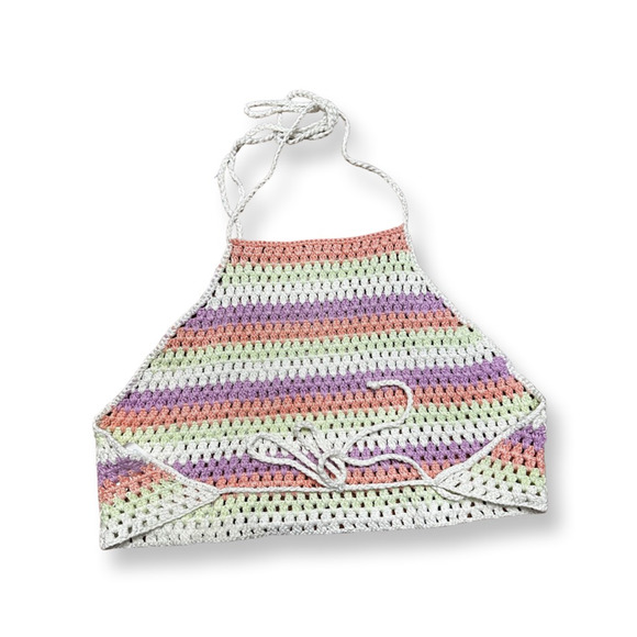 BP. Womens Crop Top Multicolor Stripe Halter Neck Crochet Backless Tie S New - Picture 5 of 10